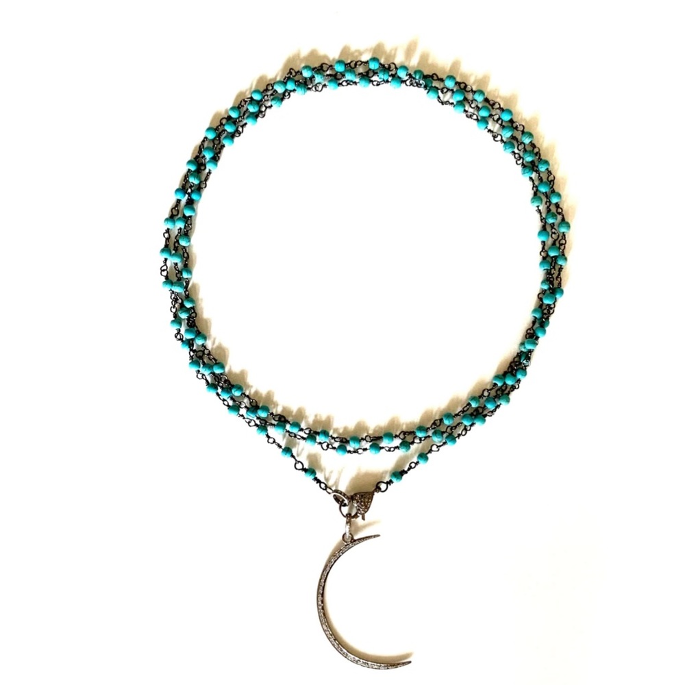 Pave Crescent Moon Pendant & Turquoise Gunmetal Chain
